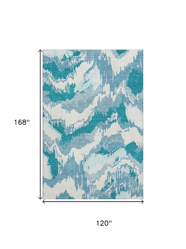 HomeRoots 10' X 14' Teal & Ivory Abstract Area Rug - Washable, UV-Protected, Durable Design for High-Traffic Spaces 668693