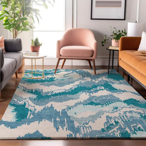HomeRoots 10' X 14' Teal & Ivory Abstract Area Rug - Washable, UV-Protected, Durable Design for High-Traffic Spaces 668693