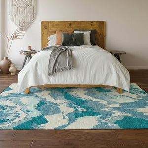 HomeRoots 10' X 14' Teal & Ivory Abstract Area Rug - Washable, UV-Protected, Durable Design for High-Traffic Spaces 668693