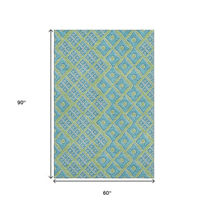 HomeRoots 5' X 8' Artichoke Green & Teal Geometric Area Rug – Washable, UV Protected, Stylish for Any Room 668696