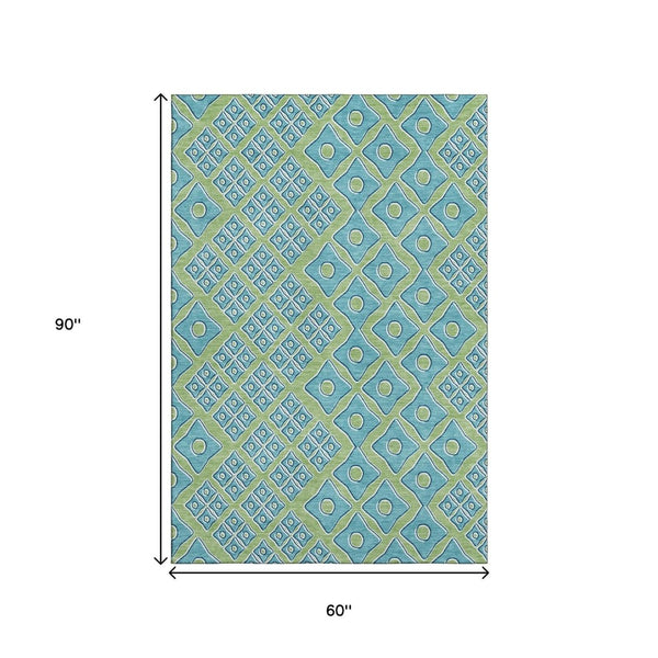 HomeRoots 5' X 8' Artichoke Green & Teal Geometric Area Rug – Washable, UV Protected, Stylish for Any Room 668696