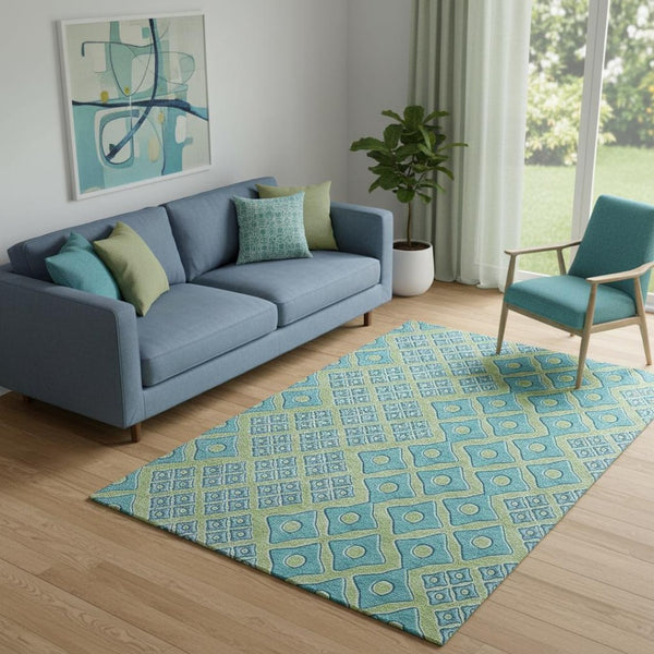 HomeRoots 5' X 8' Artichoke Green & Teal Geometric Area Rug – Washable, UV Protected, Stylish for Any Room 668696