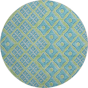 HomeRoots 8' Artichoke Green Teal Geometric Round Rug - Washable, UV Protected, Durable for High-Traffic Areas 668697