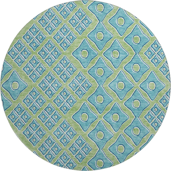 HomeRoots 8' Artichoke Green Teal Geometric Round Rug - Washable, UV Protected, Durable for High-Traffic Areas 668697