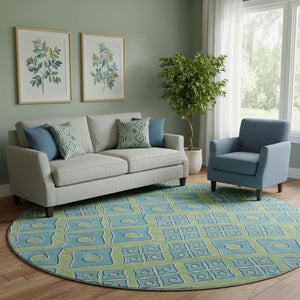 HomeRoots 8' Artichoke Green Teal Geometric Round Rug - Washable, UV Protected, Durable for High-Traffic Areas 668697