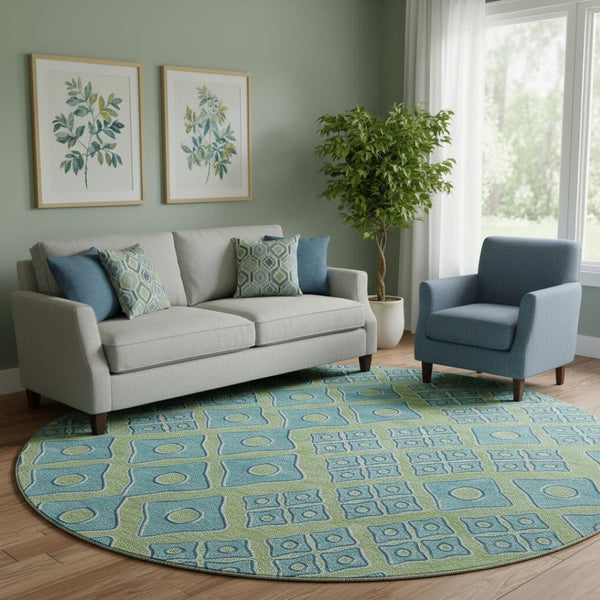 HomeRoots 8' Artichoke Green Teal Geometric Round Rug - Washable, UV Protected, Durable for High-Traffic Areas 668697