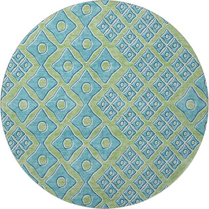 HomeRoots 8' Artichoke Green Teal Geometric Round Rug - Washable, UV Protected, Durable for High-Traffic Areas 668697