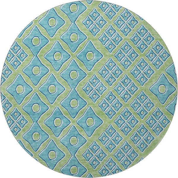 HomeRoots 8' Artichoke Green Teal Geometric Round Rug - Washable, UV Protected, Durable for High-Traffic Areas 668697