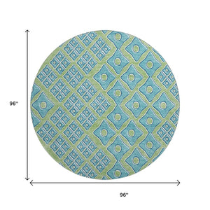 HomeRoots 8' Artichoke Green Teal Geometric Round Rug - Washable, UV Protected, Durable for High-Traffic Areas 668697