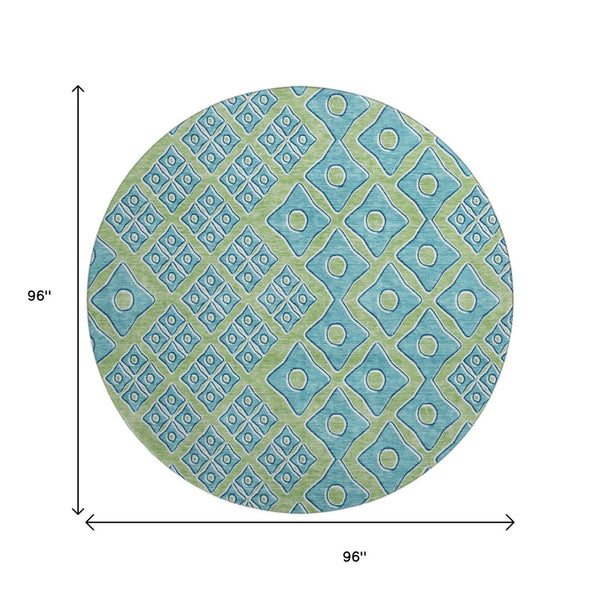 HomeRoots 8' Artichoke Green Teal Geometric Round Rug - Washable, UV Protected, Durable for High-Traffic Areas 668697