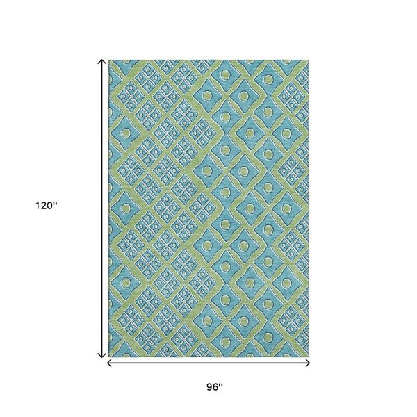 HomeRoots 8' X 10' Artichoke Green & Teal Geometric Washable Area Rug - Durable, Stylish, UV & Stain Resistant! 668698