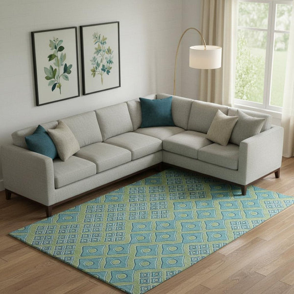HomeRoots 8' X 10' Artichoke Green & Teal Geometric Washable Area Rug - Durable, Stylish, UV & Stain Resistant! 668698