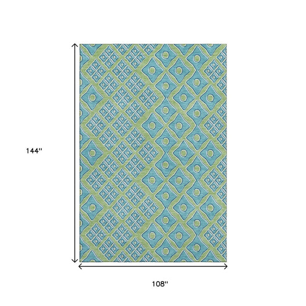 HomeRoots 9' X 12' Artichoke Green & Teal Geometric Washable Area Rug with UV Protection for High-Traffic Spaces 668699