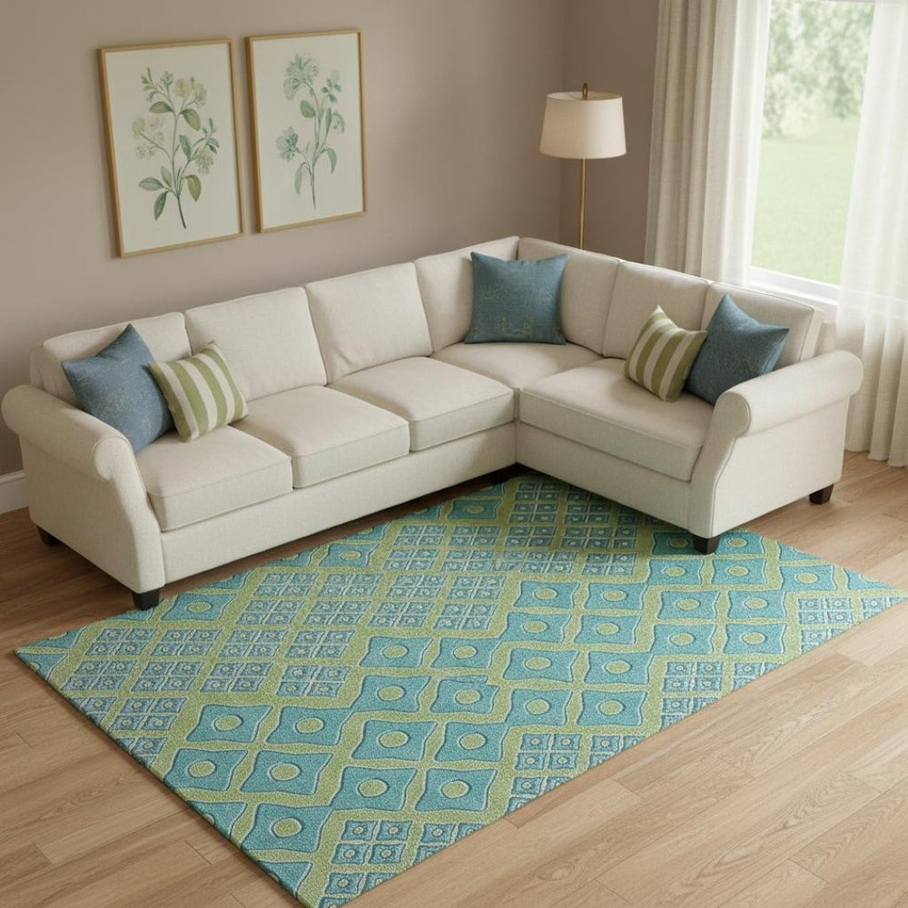 HomeRoots 9' X 12' Artichoke Green & Teal Geometric Washable Area Rug with UV Protection for High-Traffic Spaces 668699