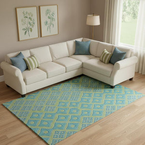 HomeRoots 9' X 12' Artichoke Green & Teal Geometric Washable Area Rug with UV Protection for High-Traffic Spaces 668699