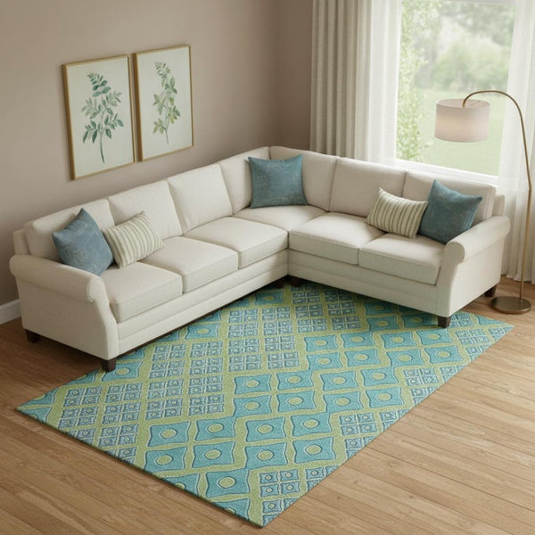HomeRoots 10' Artichoke Green & Teal Geometric Area Rug - Washable, UV-Protected, Durable for Active Homes 668700