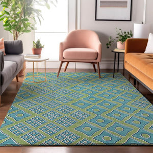 HomeRoots 10' Artichoke Green & Teal Geometric Area Rug - Washable, UV-Protected, Durable for Active Homes 668700