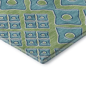 HomeRoots 10' Artichoke Green & Teal Geometric Area Rug - Washable, UV-Protected, Durable for Active Homes 668700