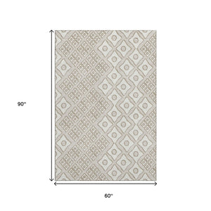 HomeRoots 5' X 8' Beige And Ivory Geometric Area Rug - Washable, UV Protected, Stylish & Durable for Homes 668702