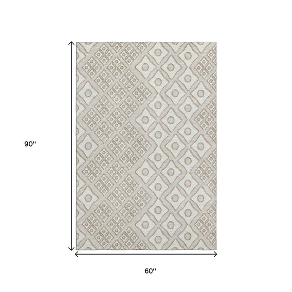 HomeRoots 5' X 8' Beige And Ivory Geometric Area Rug - Washable, UV Protected, Stylish & Durable for Homes 668702