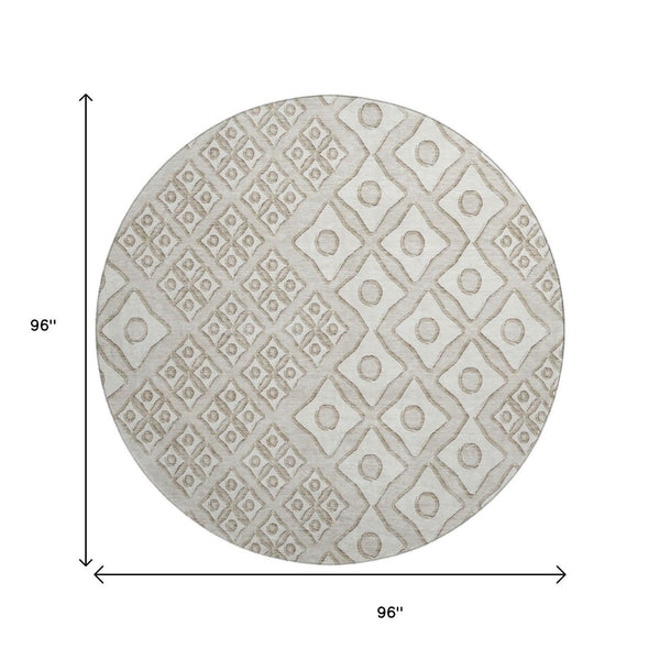 HomeRoots 8' Washable Beige & Ivory Geometric Round Rug with UV Protection - Stylish & Stain-Resistant Design 668703