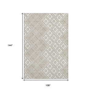HomeRoots 9' X 12' Beige And Ivory Geometric Area Rug - Durable, Washable, UV-Protected for High-Traffic Spaces 668705