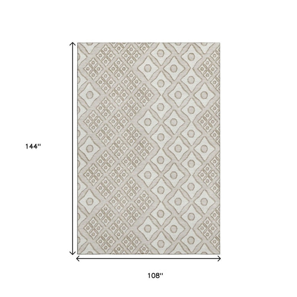 HomeRoots 9' X 12' Beige And Ivory Geometric Area Rug - Durable, Washable, UV-Protected for High-Traffic Spaces 668705