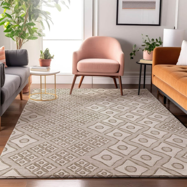 HomeRoots 10' X 14' Beige and Ivory Geometric Area Rug – Washable, UV-Protected, Perfect for High-Traffic Spaces! 668706