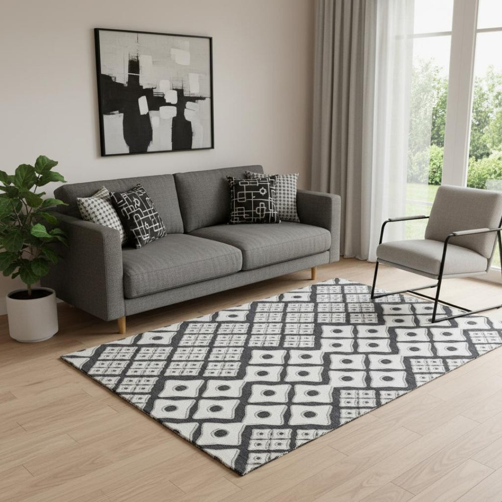 HomeRoots 5' X 8' Washable Black And Ivory Geometric Area Rug with UV Protection for High-Traffic Spaces 668708