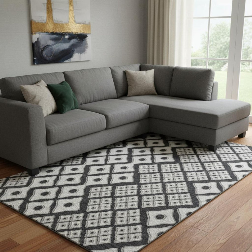 HomeRoots 8' X 10' Black and Ivory Geometric Area Rug – Durable, Stain-Resistant, UV Protected for High-Traffic Homes 668710