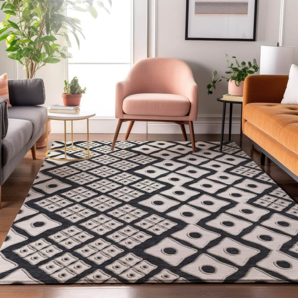 HomeRoots 9' X 12' Black And Ivory Geometric Area Rug - Stylish, Washable, UV-Protected for High-Traffic Spaces 668711