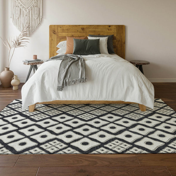 HomeRoots 9' X 12' Black And Ivory Geometric Area Rug - Stylish, Washable, UV-Protected for High-Traffic Spaces 668711
