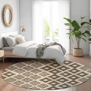 HomeRoots 8' Modern Brown and Beige Geometric Washable Round Rug with UV Protection for Active Homes 668715