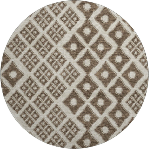 HomeRoots 8' Modern Brown and Beige Geometric Washable Round Rug with UV Protection for Active Homes 668715