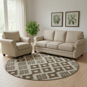 HomeRoots 8' Modern Brown and Beige Geometric Washable Round Rug with UV Protection for Active Homes 668715