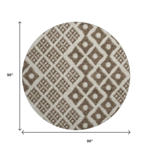HomeRoots 8' Modern Brown and Beige Geometric Washable Round Rug with UV Protection for Active Homes 668715
