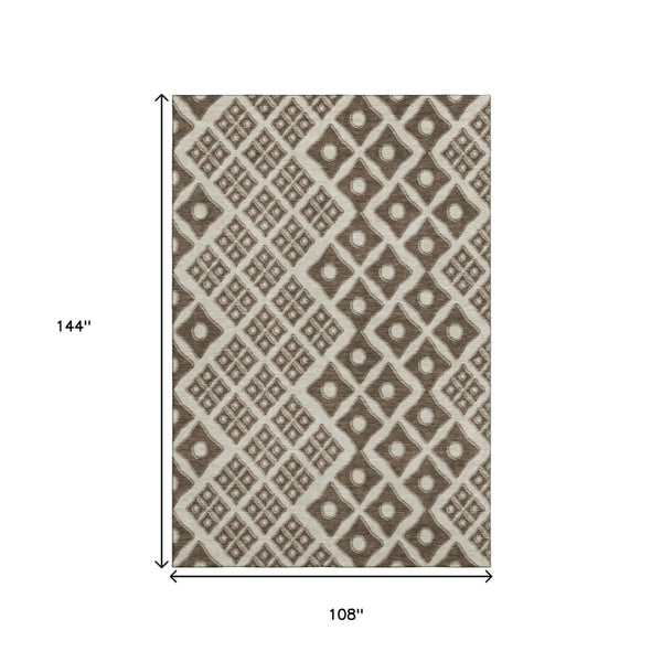 HomeRoots 9' X 12' Brown and Beige Geometric Area Rug - Washable, UV-Protected, Durable & Stylish for Homes 668717