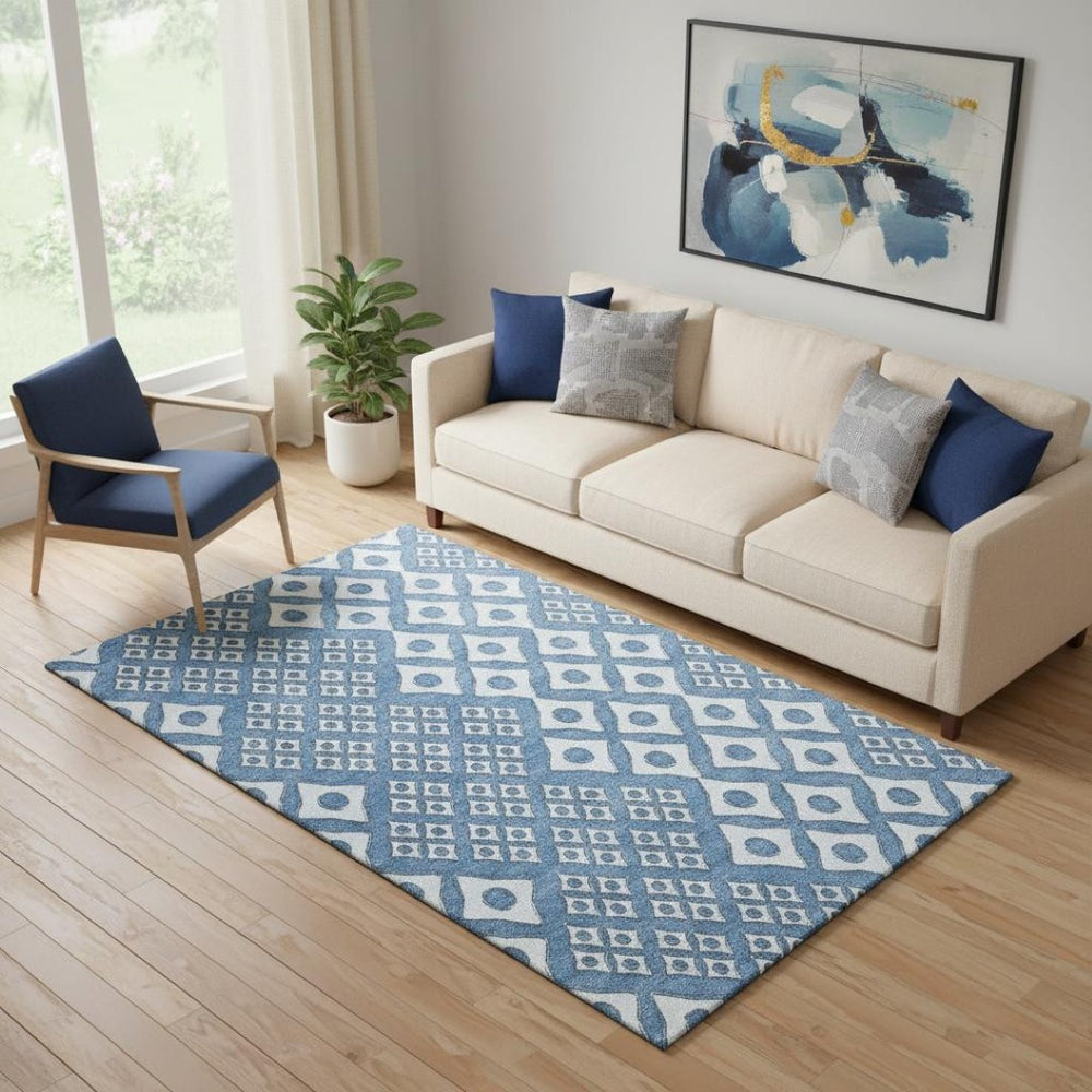 HomeRoots 5' X 8' Denim Blue & Silver Geometric Area Rug – Washable, UV Protected, Perfect for High-Traffic Spaces 668720