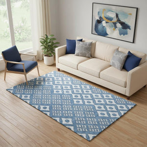 HomeRoots 5' X 8' Denim Blue & Silver Geometric Area Rug – Washable, UV Protected, Perfect for High-Traffic Spaces 668720