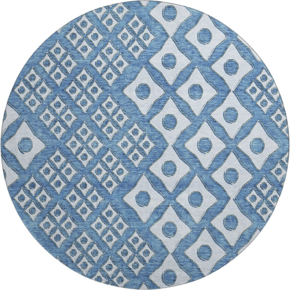 HomeRoots 8' Denim Blue and Silver Geometric Round Rug - Washable, UV Protected, Perfect for Modern Spaces! 668721