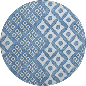HomeRoots 8' Denim Blue and Silver Geometric Round Rug - Washable, UV Protected, Perfect for Modern Spaces! 668721