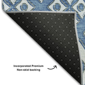 HomeRoots 8' Denim Blue and Silver Geometric Round Rug - Washable, UV Protected, Perfect for Modern Spaces! 668721
