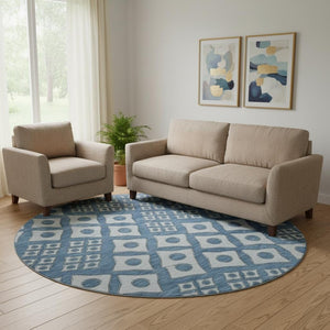 HomeRoots 8' Denim Blue and Silver Geometric Round Rug - Washable, UV Protected, Perfect for Modern Spaces! 668721