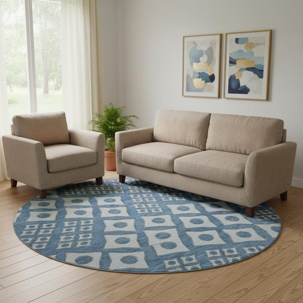 HomeRoots 8' Denim Blue and Silver Geometric Round Rug - Washable, UV Protected, Perfect for Modern Spaces! 668721