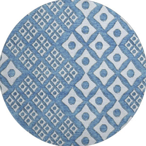 HomeRoots 8' Denim Blue and Silver Geometric Round Rug - Washable, UV Protected, Perfect for Modern Spaces! 668721