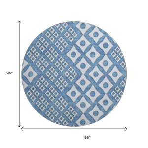 HomeRoots 8' Denim Blue and Silver Geometric Round Rug - Washable, UV Protected, Perfect for Modern Spaces! 668721