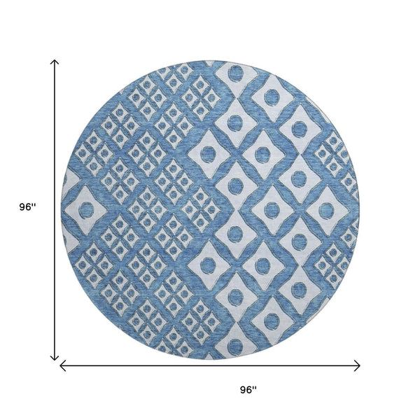 HomeRoots 8' Denim Blue and Silver Geometric Round Rug - Washable, UV Protected, Perfect for Modern Spaces! 668721
