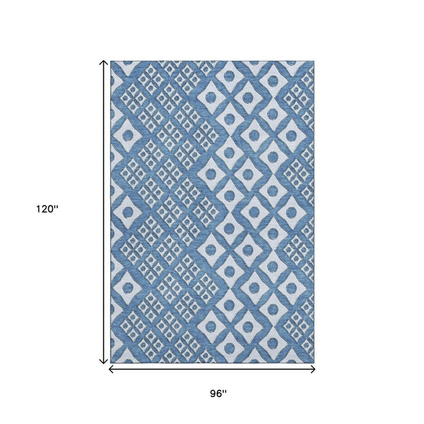 HomeRoots 8' X 10' Denim Blue & Silver Geometric Area Rug - Durable, Washable, UV-Protected for Modern Spaces 668722