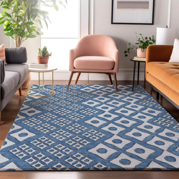HomeRoots 8' X 10' Denim Blue & Silver Geometric Area Rug - Durable, Washable, UV-Protected for Modern Spaces 668722