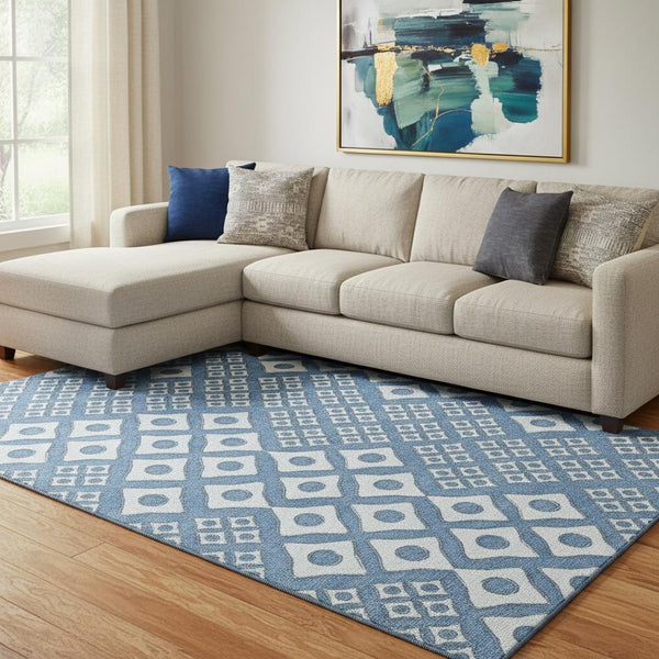 HomeRoots 8' X 10' Denim Blue & Silver Geometric Area Rug - Durable, Washable, UV-Protected for Modern Spaces 668722